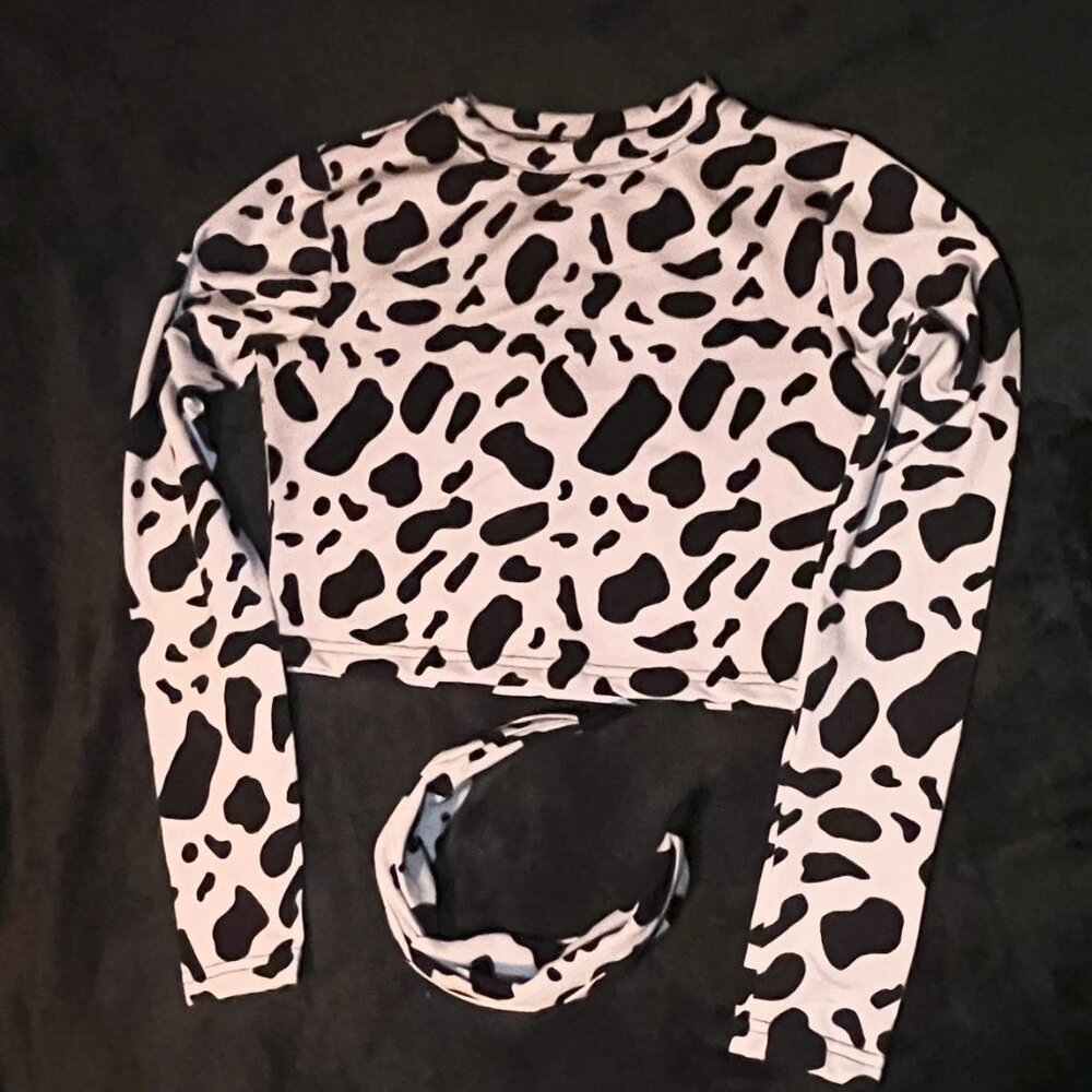 NWOT Cow Print, long sleeve crop top + Headband Dolls Kill Size Small